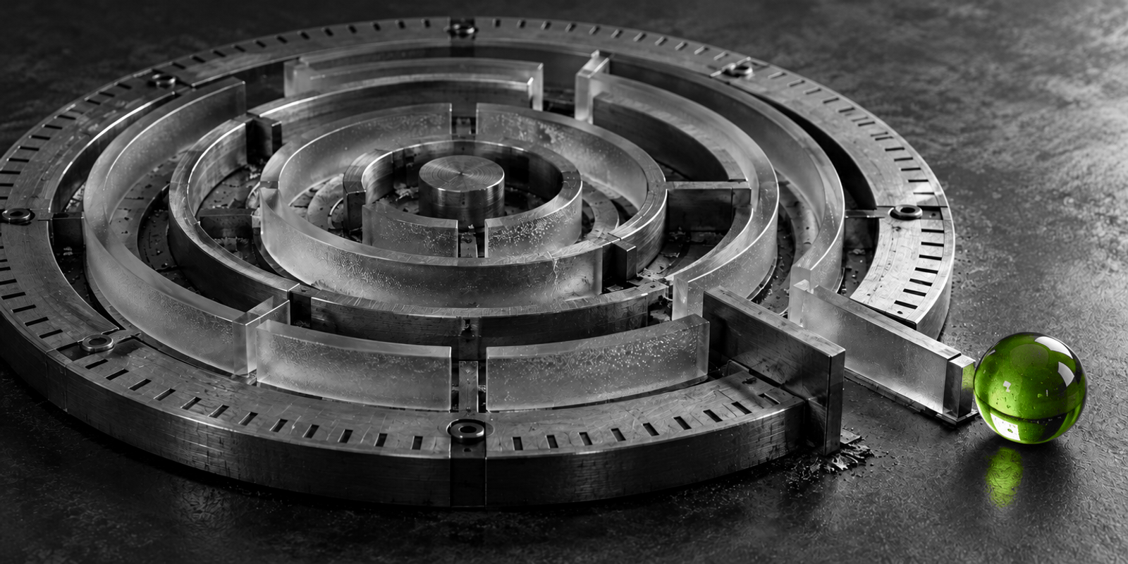 Naturaleza muerta conceptual en blanco y negro de un laberinto circular de anillos metálicos y canales de vidrio esmerilado, con una pequeña canica de vidrio verde brillante situada fuera del último cierre, sobre una superficie oscura y texturizada.