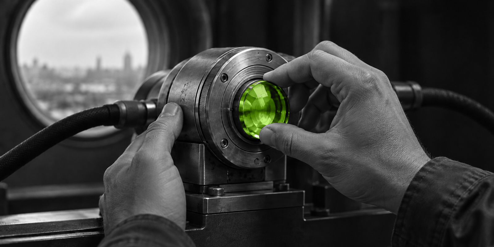 Fotografía surrealista en blanco y negro de un adulto anónimo, totalmente gris y de aspecto fotográfico, visto solo por las manos en primer plano mientras sujeta y encaja con ambas manos una lente de vidrio verde brillante en una abertura mecánica circular; el objeto verde es el foco central, con reflejos, textura de vidrio y un patrón grabado alrededor, sobre un fondo industrial desenfocado.