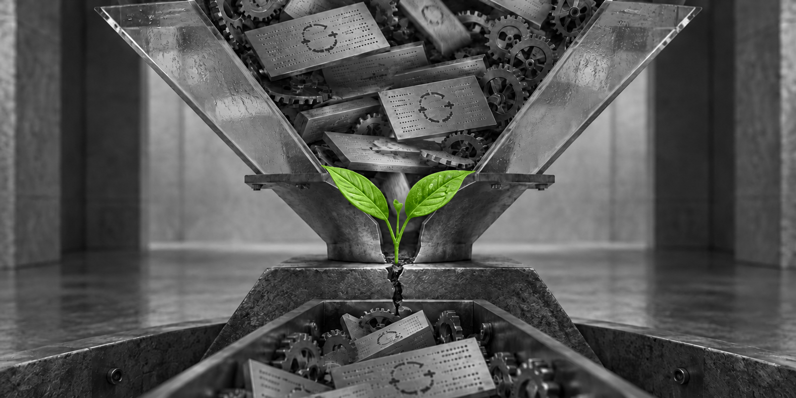 Naturaleza muerta surrealista en blanco y negro de un embudo mecánico industrial lleno de engranajes y placas metálicas, con una pequeña plántula verde brillante brotando en el cuello de botella central como único color.