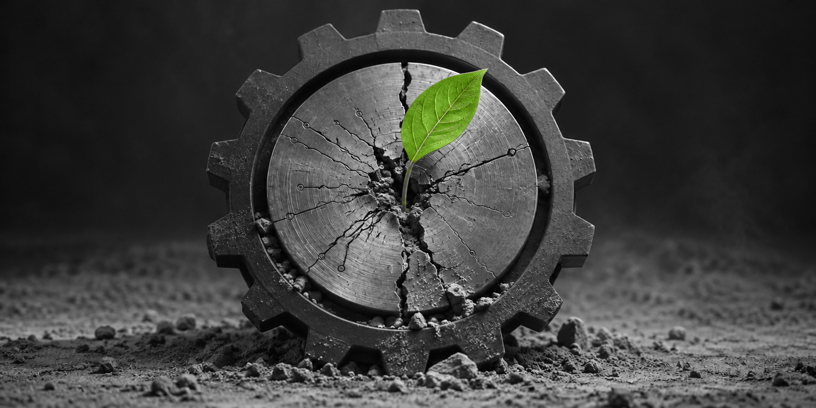 Fotografía conceptual en blanco y negro de un engranaje metálico gris agrietado con un disco de acero roto en el centro, del que emerge un único brote verde con una hoja, rodeado de polvo y fragmentos oscuros.