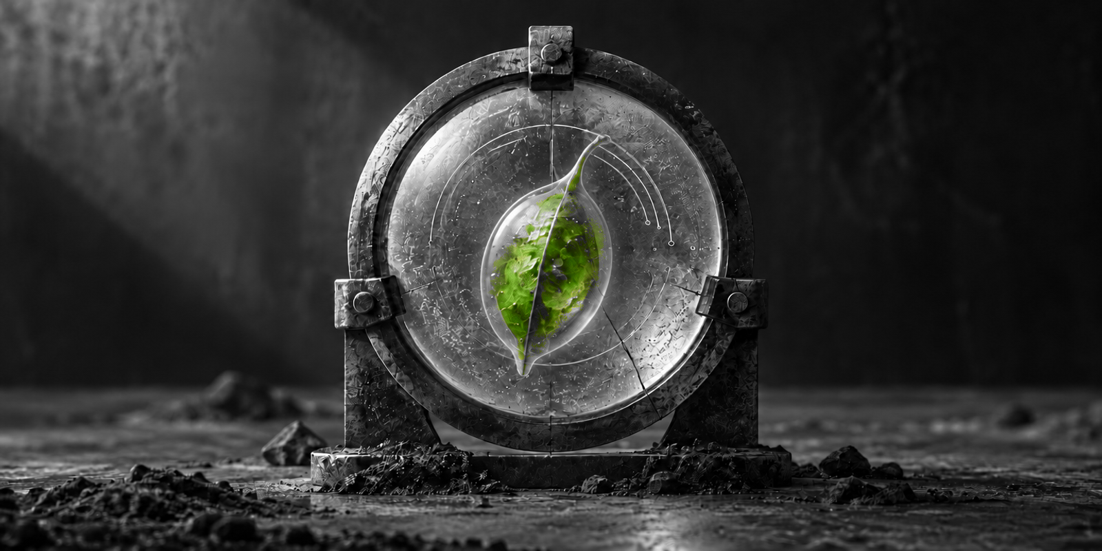 Fotografía editorial surreal en blanco y negro de un lente de calibración circular roto, montado sobre metal ennegrecido y piedra mineral, con una pequeña vaina translúcida verde en el centro como único acento de color. La superficie del vidrio muestra rayaduras finas, condensación y arcos de calibración concéntricos; alrededor hay grietas sutiles y polvo oscuro, con una composición sobria y física.