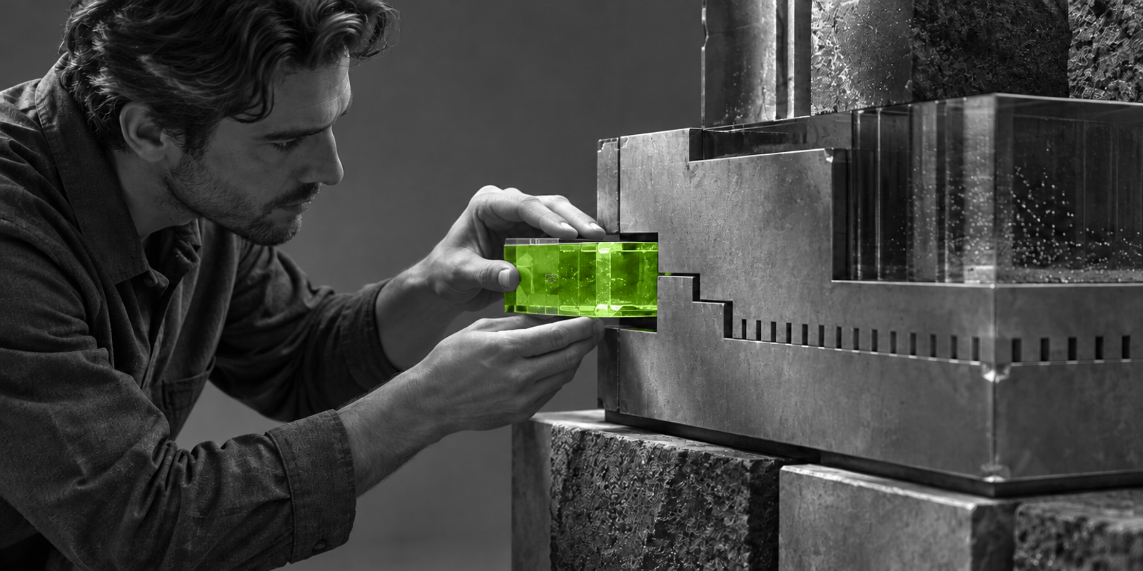 Fotografía en blanco y negro de un adulto anónimo, visto de perfil y de cintura para arriba, inclinándose con concentración mientras sostiene con ambas manos un pequeño bloque de vidrio verde translúcido y lo encaja en una abertura precisa de una gran estructura metálica, sobre bloques de piedra oscura y junto a superficies de metal y vidrio con textura.