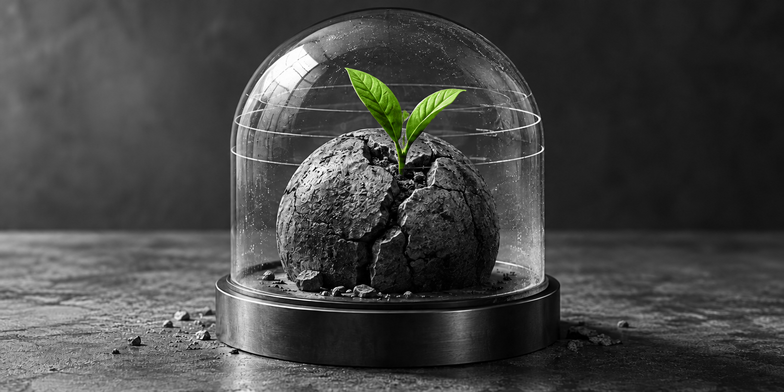 Naturaleza muerta surreal en blanco y negro de una esfera de piedra agrietada bajo un domo de vidrio, con dos hojas verdes brillantes como foco central sobre una base metálica oscura y anillos de observación sutiles.