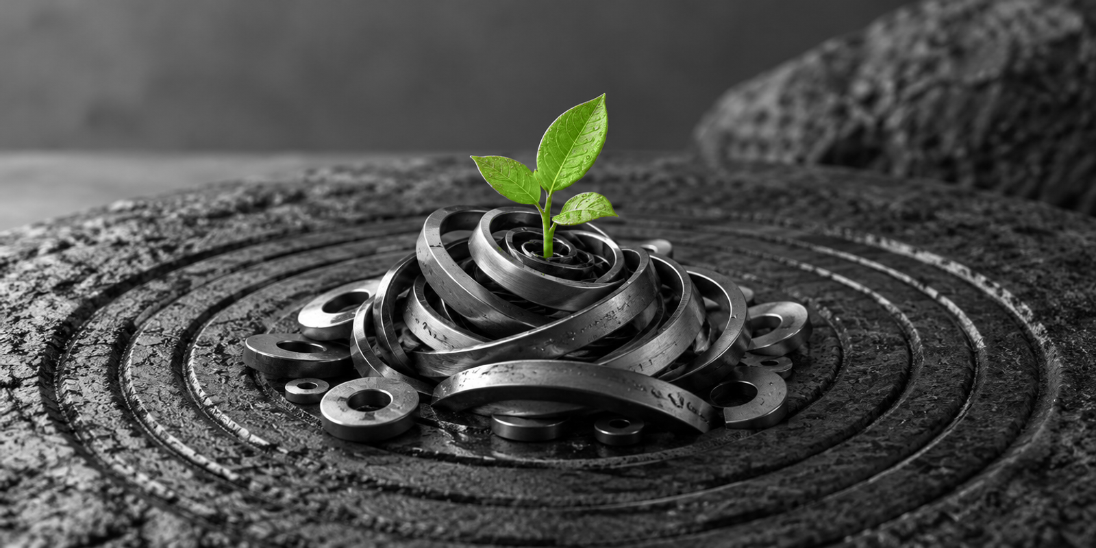Naturaleza muerta conceptual en blanco y negro con un pequeño brote verde en el centro, emergiendo de un remolino de anillos y arandelas metálicas sobre una base de piedra con surcos concéntricos.