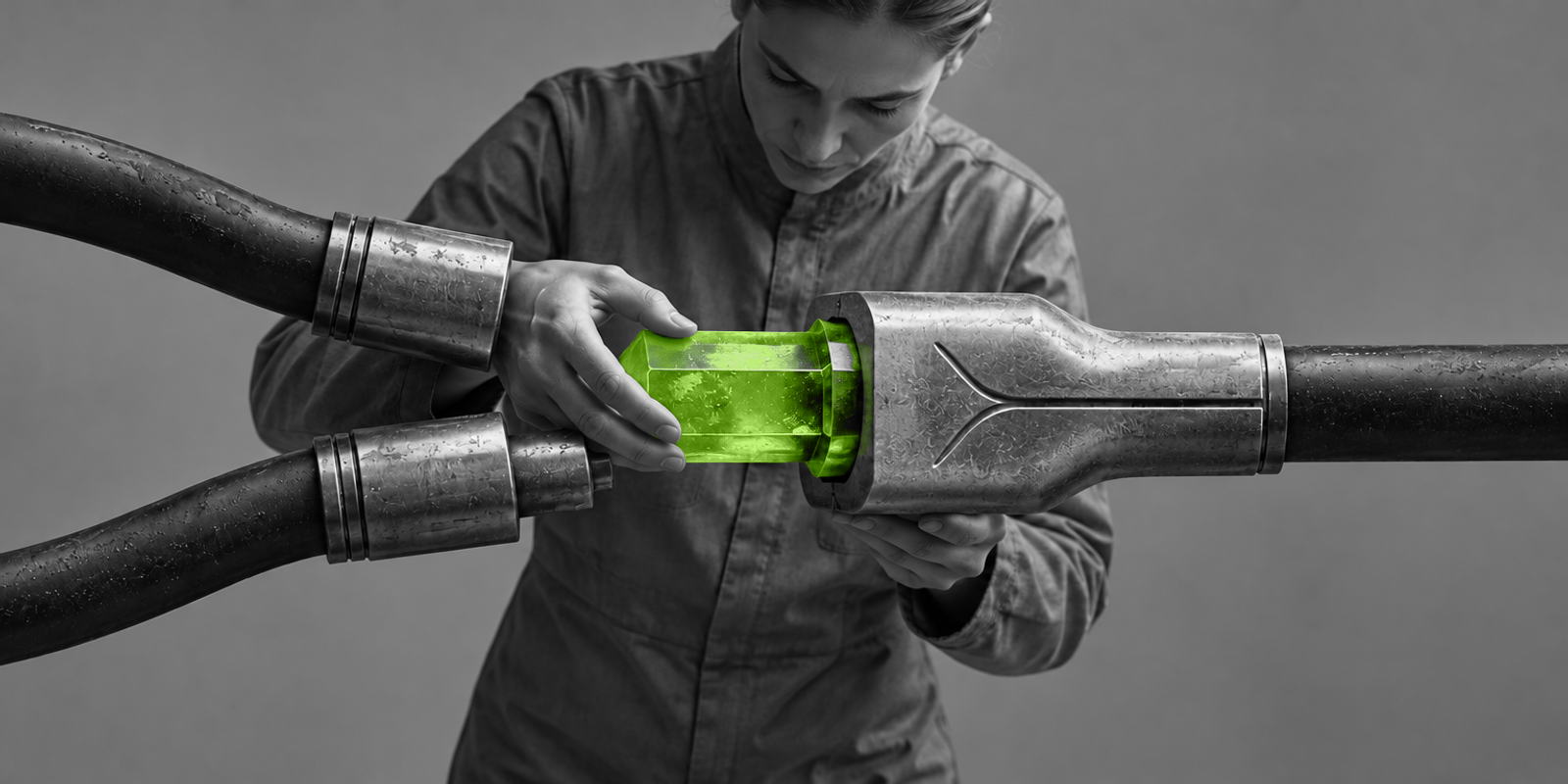 Fotografía conceptual en blanco y negro de un adulto anónimo, completamente gris, inclinado hacia delante mientras sujeta con ambas manos una pieza de vidrio verde translúcido e inserta su extremo en una unión metálica donde convergen dos conductos oscuros en un solo canal; la escena es minimalista, con textura metálica visible y el objeto verde como foco central.