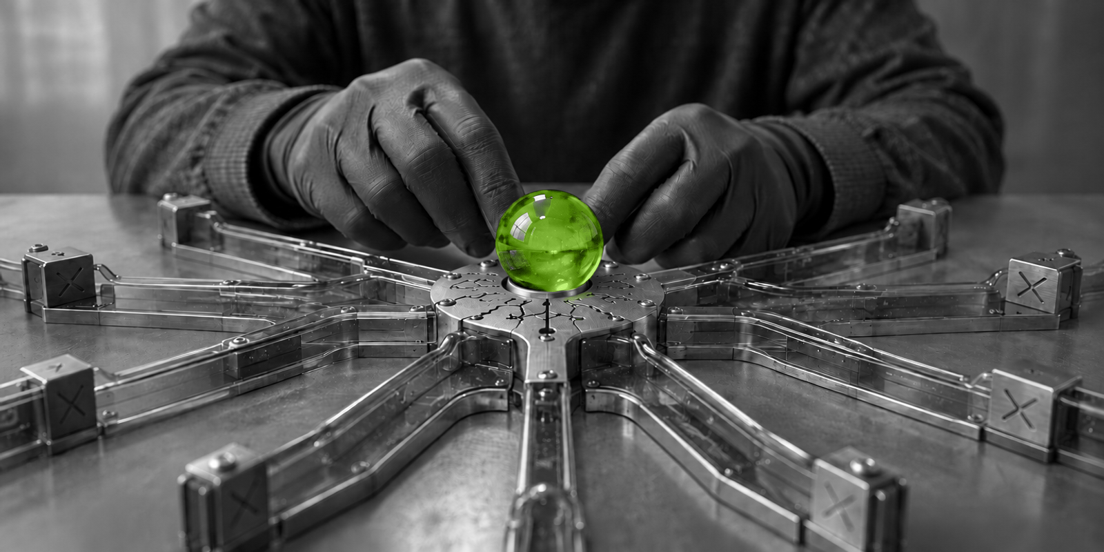 Fotografía conceptual en blanco y negro de un adulto anónimo, sentado ante una mesa, colocando con ambas manos una esfera de vidrio verde en el centro de un cruce mecánico transparente de metal y vidrio, mientras varios canales grises se abren alrededor y algunos quedan bloqueados; la escena tiene textura táctil en el metal y el vidrio, y el adulto aparece completamente gris, en primer plano medio.