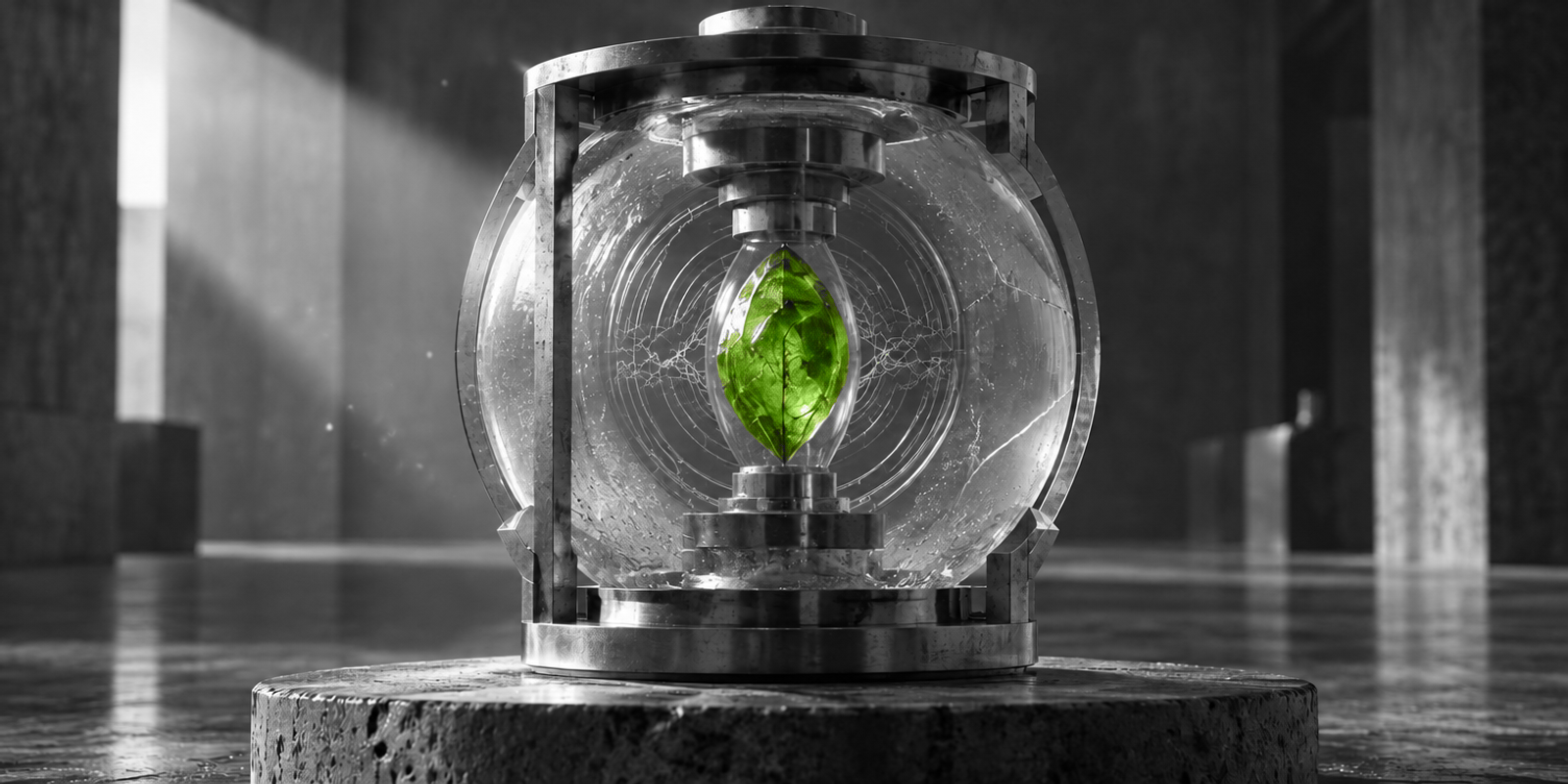 Fotografía surreal en blanco y negro de una cápsula de vidrio y metal, centrada sobre una base de piedra, que encierra un pequeño núcleo verde brillante con textura de hoja o cristal; alrededor se aprecian anillos concéntricos tipo laberinto y finas grietas, con un fondo industrial sobrio y sin personas.
