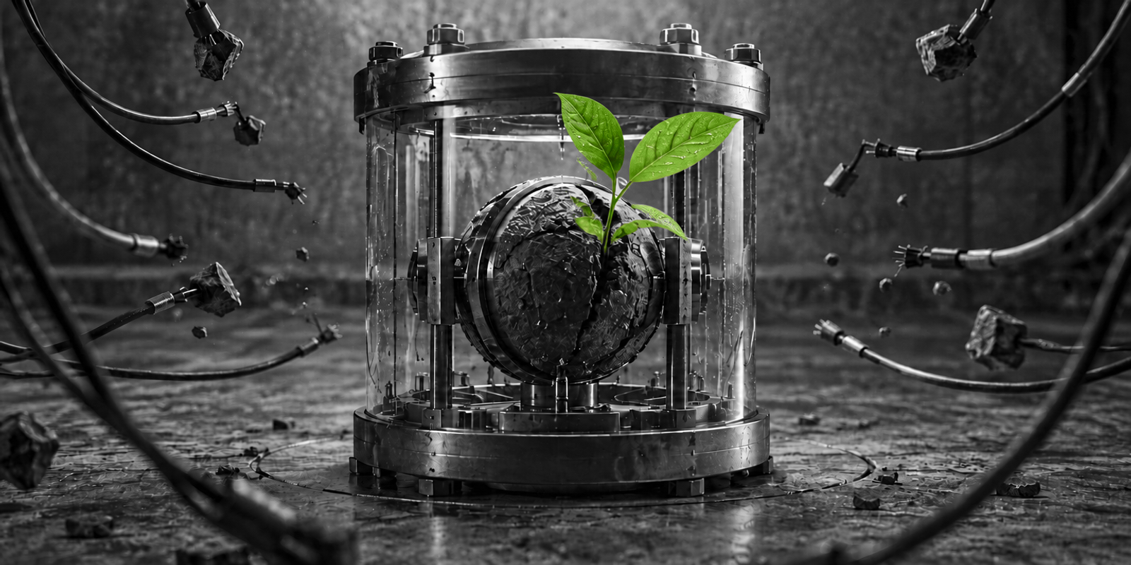 Fotografía conceptual en blanco y negro de un núcleo mecánico y de vidrio encerrado en un cilindro metálico, rodeado por cables desconectados y fragmentos suspendidos; del centro del núcleo emerge un pequeño brote verde vivo como único acento de color.