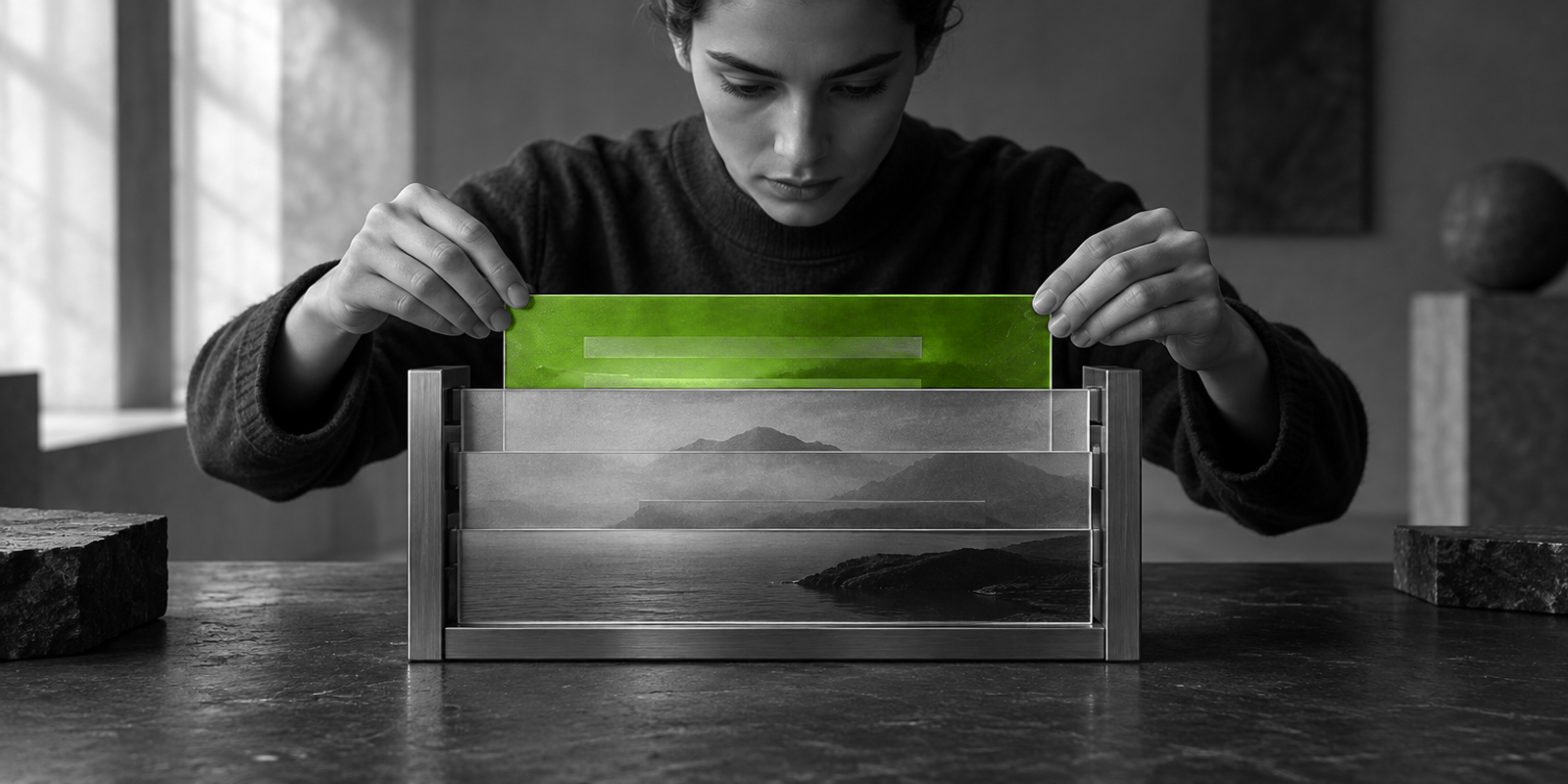 Fotografía conceptual en blanco y negro de un adulto anónimo, en plano medio y visible desde el torso, inclinado con gesto concentrado mientras sujeta con ambas manos una pestaña de vidrio verde translúcido e intenta encajarla en el centro de un marco apilado de metal gris; el objeto verde conserva textura, brillo y volumen, y dentro del marco se ven capas grises con bandas rectangulares sutiles que sugieren capas de texto editables.