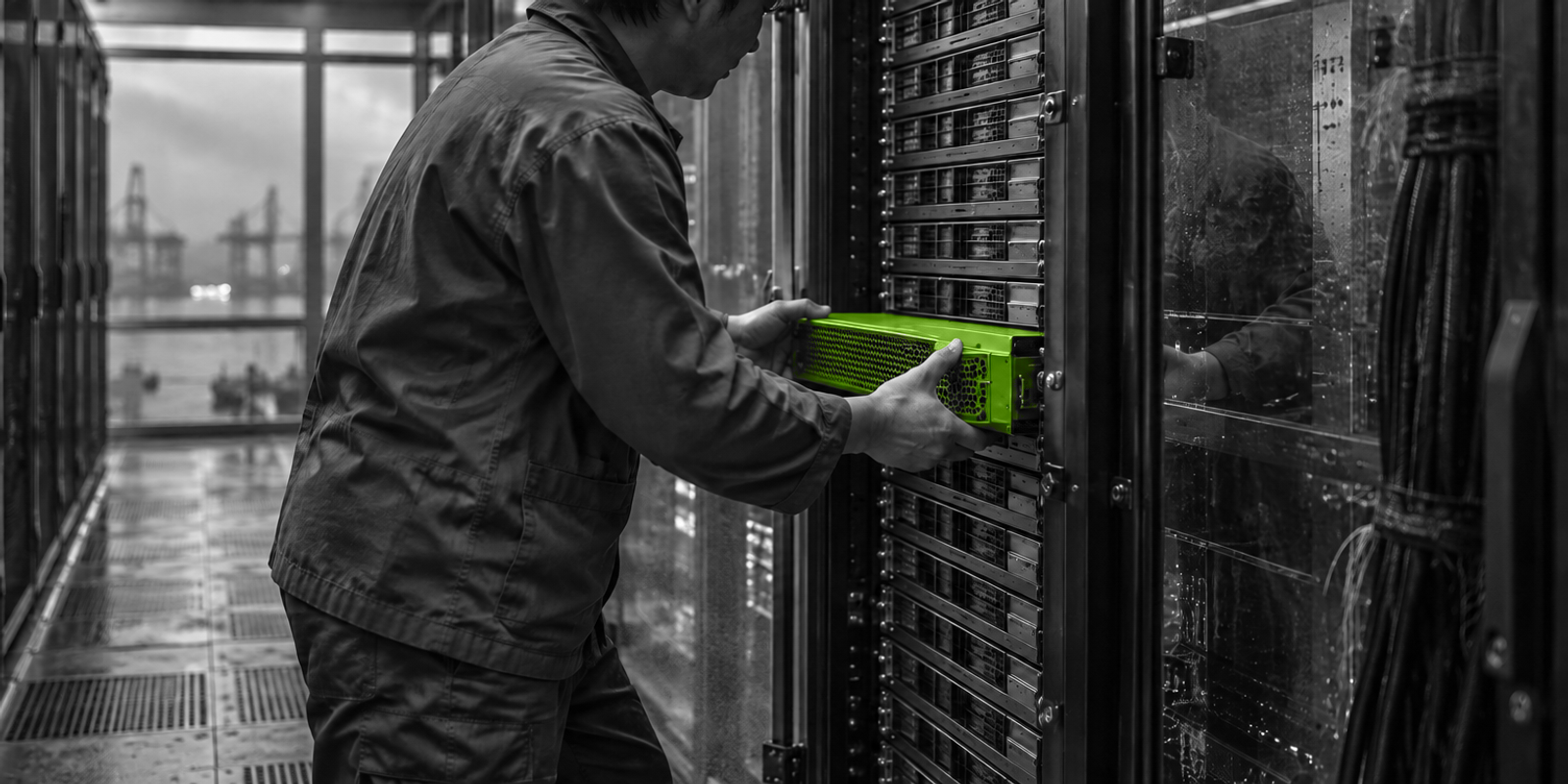 Fotografía en blanco y negro de un adulto anónimo, completamente gris, inclinado de perfil y encuadrado de medio muslo hacia arriba mientras introduce con ambas manos un módulo informático verde brillante en una torre de servidores modular; el módulo es el foco central y muestra textura metálica, rejilla perforada y desgaste fino, dentro de una escena industrial con vidrio, metal cepillado y reflejos.