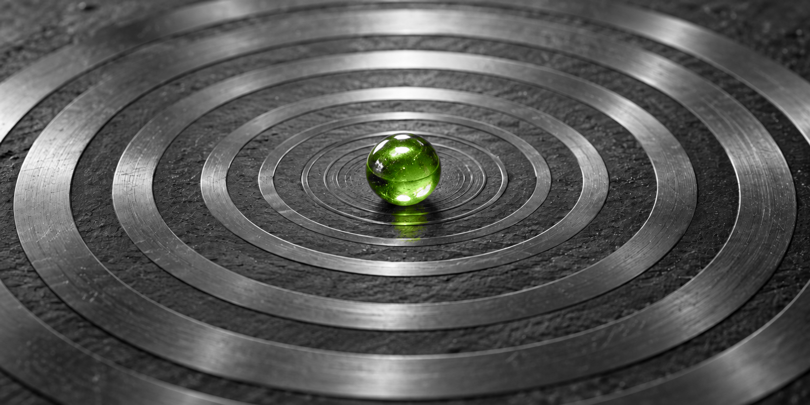 Naturaleza muerta conceptual en blanco y negro con una única esfera de vidrio verde brillante en el centro, rodeada por anillos concéntricos de metal cepillado sobre una base de pizarra oscura con textura de piedra. La esfera conserva reflejos, refracción y sombra realistas, y los anillos muestran un patrón radial de líneas concéntricas, sin personas ni texto.