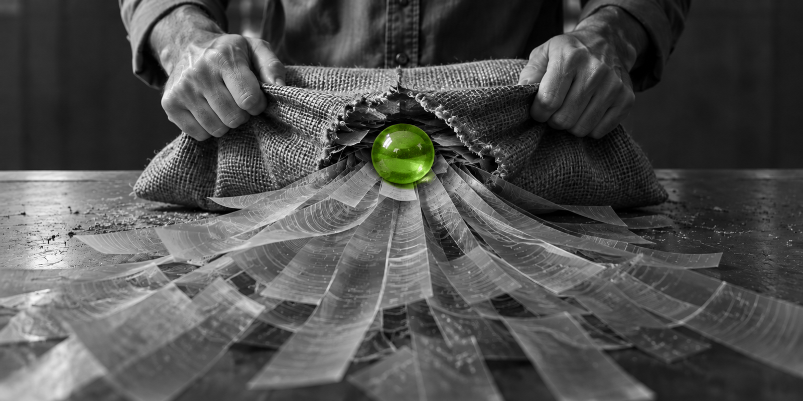 Fotografía conceptual en blanco y negro de una persona adulta anónima, visible de cintura a manos y de frente, abriendo con ambas manos una bolsa textil gruesa sobre una mesa metálica; de la abertura central se desbordan muchas láminas y tiras grises translúcidas en abanico, con un pequeño objeto esférico verde vítreo como único color, justo en el punto de la rotura, y con textura de tejido, fibras sueltas y marcas concéntricas sutiles sobre las piezas derramadas.