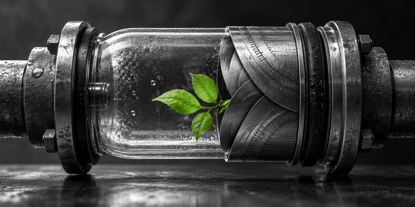 Natureza muerta fotográfica en blanco y negro de un mecanismo de iris de acero que estrangula una cápsula de vidrio, con una pequeña ramita verde natural como único foco de color en el interior.