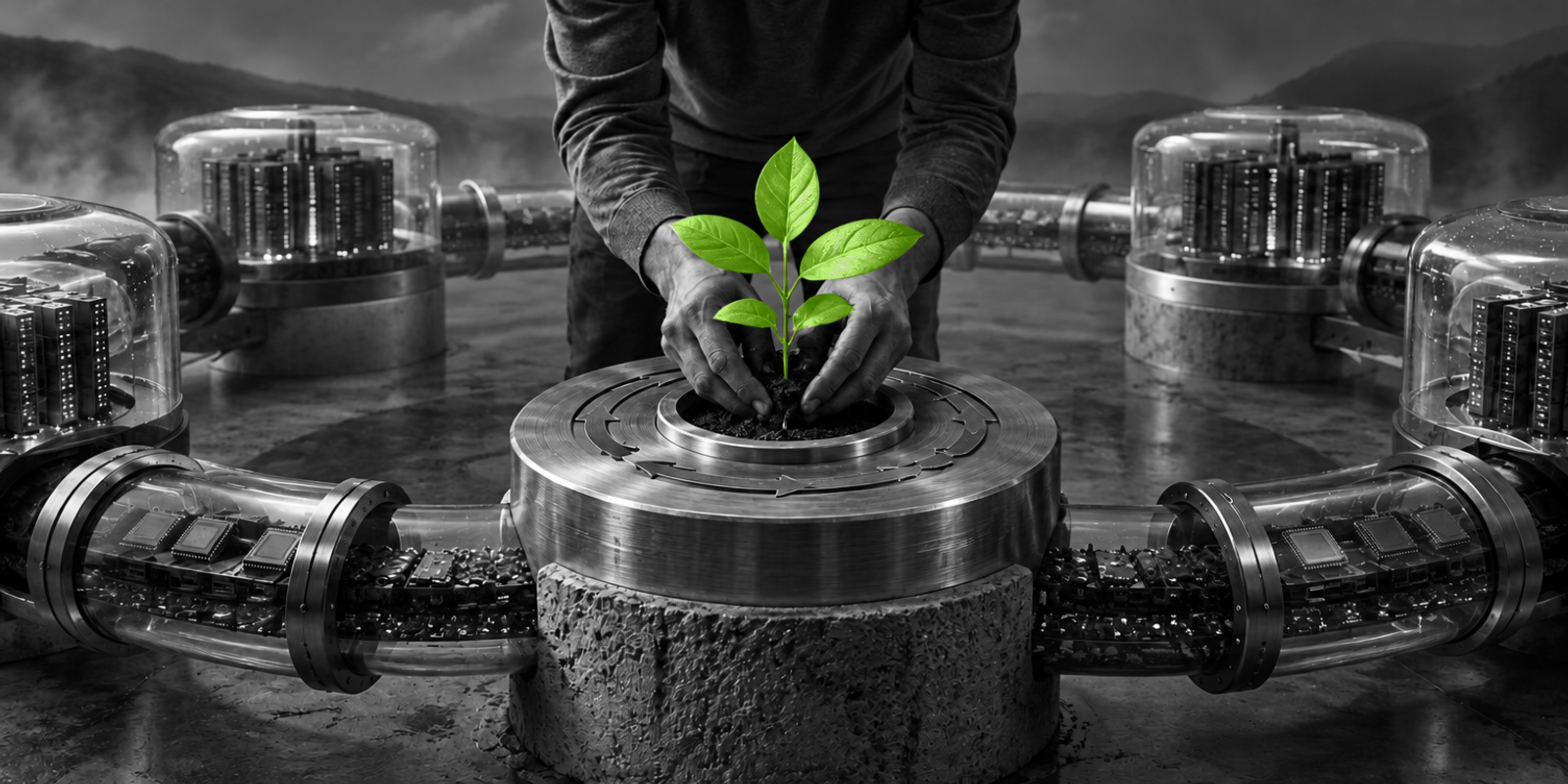 Fotografía conceptual en blanco y negro de un adulto anónimo en gris, visto de medio cuerpo y agachado, colocando con ambas manos una pequeña plántula verde brillante dentro de un anillo metálico sobre una base de piedra. Alrededor hay conductos transparentes con módulos de chips en un circuito circular, todo en grises con textura realista de metal, vidrio y concreto.
