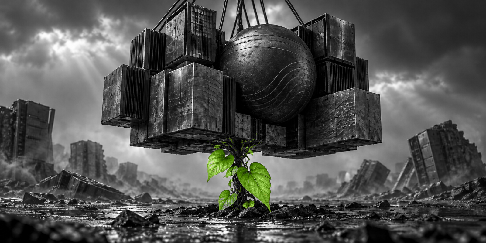 Escena surreal en blanco y negro de una gran masa metálica suspendida formada por bloques oscuros y una esfera central, sostenida por una pequeña enredadera verde brillante en el centro inferior, con un paisaje industrial ruinoso y cielos dramáticos al fondo.