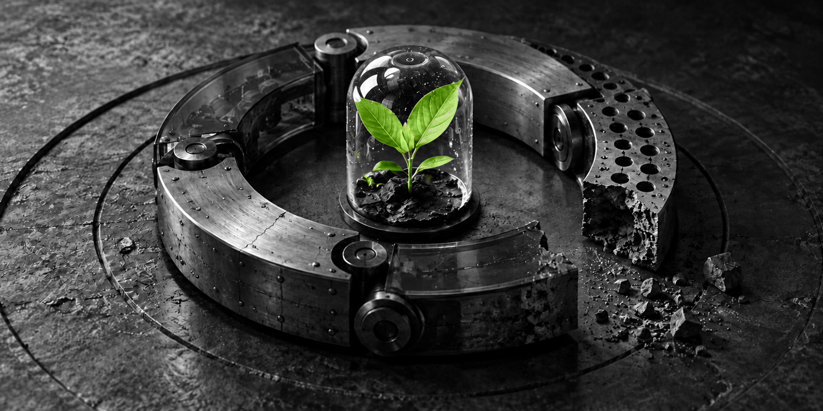 Naturaleza muerta surreal en blanco y negro con un mecanismo circular de metal y vidrio, incompleto y en forma de bucle, que rodea una pequeña planta verde realista dentro de una cápsula de cristal, como símbolo central de riesgo y ciclo cerrado.