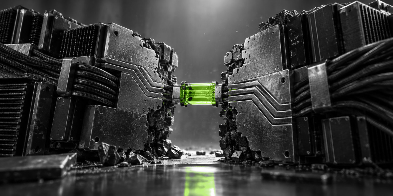 Naturaleza muerta conceptual en blanco y negro de grandes módulos de chip y haces de cables oscuros enfrentados como un monolito roto, atravesados en el centro por un pequeño conector de vidrio verde brillante que une dos trayectorias separadas. La superficie muestra textura metálica cepillada, desgaste, microarañazos y un sutil patrón de rutas circuitales desviándose alrededor de la pieza verde.