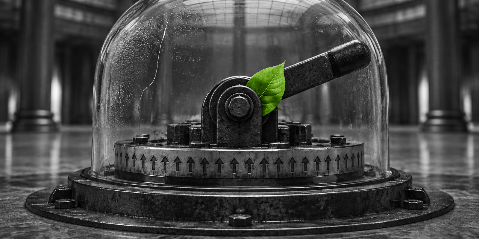 Fotografía conceptual en blanco y negro de un mecanismo de control industrial encerrado bajo una cúpula de vidrio, con un pequeño brote verde en el pivote central como único color visible.