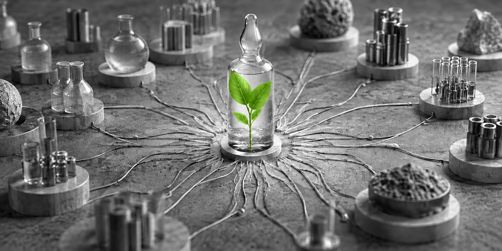 Nature muerta surreal en blanco y negro con un pequeño brote medicinal verde en el centro, creciendo dentro de una ampolla de vidrio sellada. A su alrededor hay una red radial de formas de laboratorio en gris, vidrio, metal y piedra, con líneas finas que convergen hacia el brote sobre una base de textura mineral, en una composición editorial limpia y sin personas.