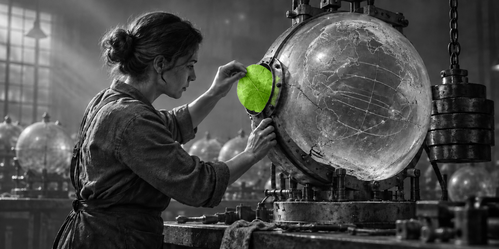 Fotografía editorial en blanco y negro de un adulto anónimo, de perfil y en primer plano, ajustando con cuidado una pequeña hoja verde dentro de una esfera mecánica y translúcida con líneas de mapa grabadas. La escena muestra una mesa de trabajo industrial, materiales de metal y vidrio con textura visible, y el único color es la hoja verde, que actúa como foco visual.