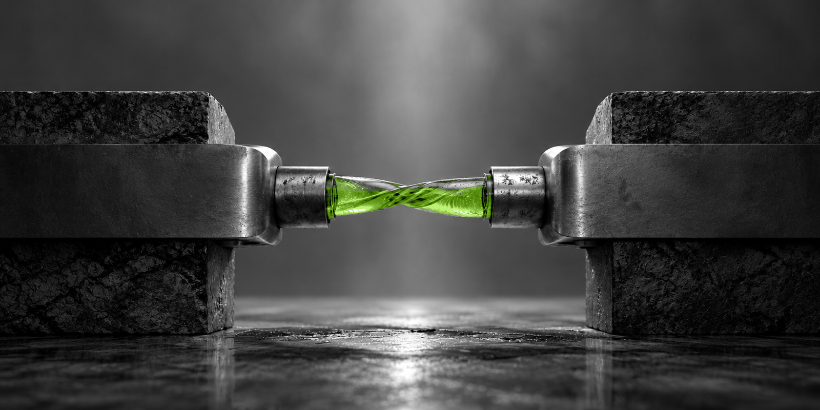 Fotografía conceptual en blanco y negro de dos masas metálicas pesadas enfrentadas y unidas en el centro por un conducto de vidrio verde translúcido, retorcido y bajo tensión; la pieza verde concentra la atención como metáfora de una dependencia mutua y de un flujo comercial compartido.