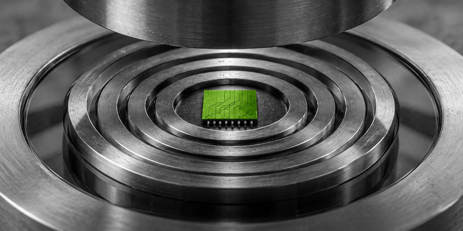 Naturaleza muerta conceptual en blanco y negro con un diminuto chip de memoria flash verde en el centro, comprimido por cinco anillos metálicos concéntricos que sugieren una presión de precio multiplicada por cinco; la escena muestra textura micrograbada, contactos diminutos y materiales de metal cepillado y superficies mates, con un único elemento verde como foco visual.