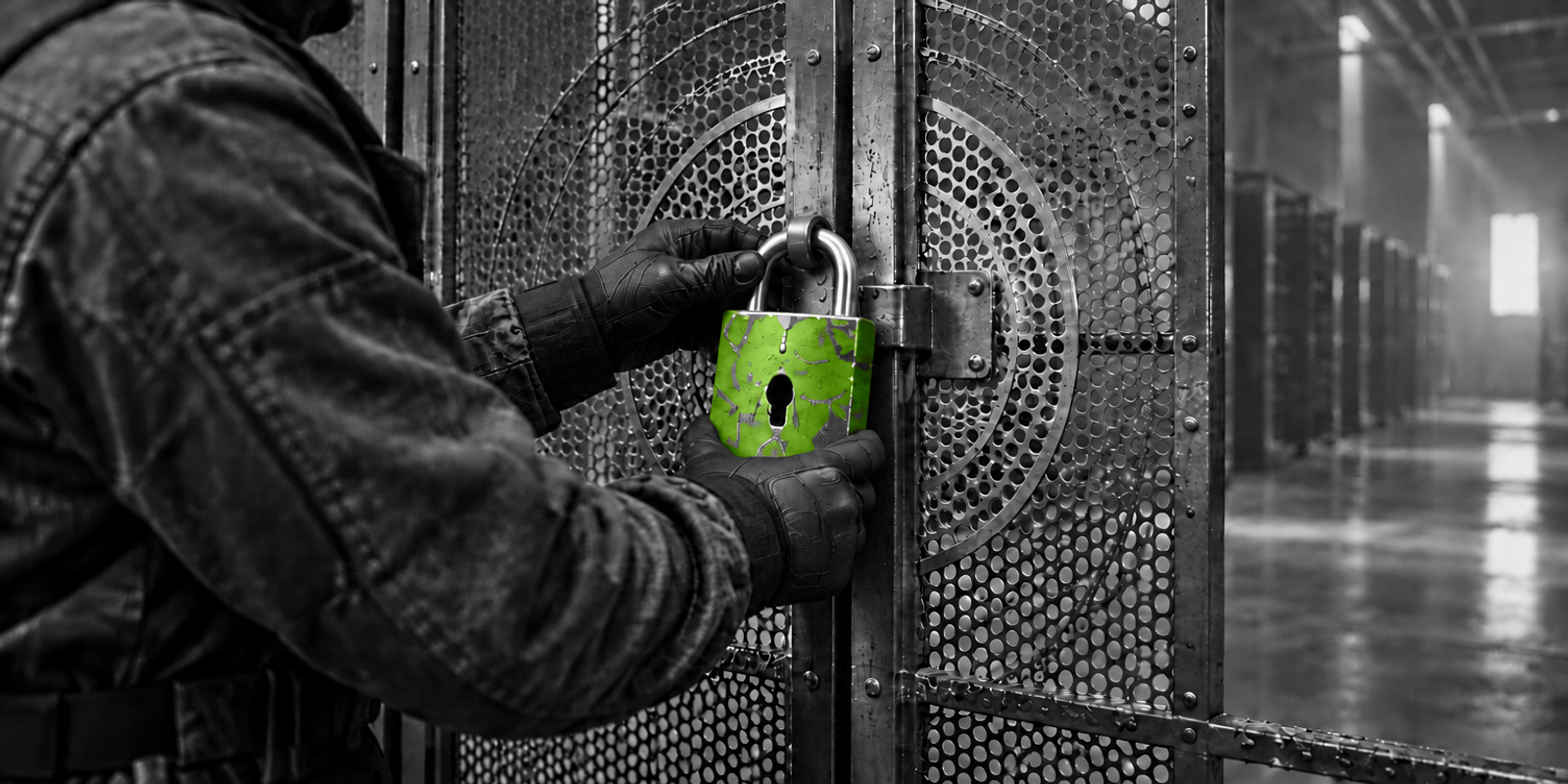 Fotografía en blanco y negro de un adulto anónimo, de aspecto gris, en primer plano, ajustando con ambas manos un candado metálico verde sobre una compuerta de malla y metal; el candado es el punto focal y sugiere acceso restringido y apertura controlada.