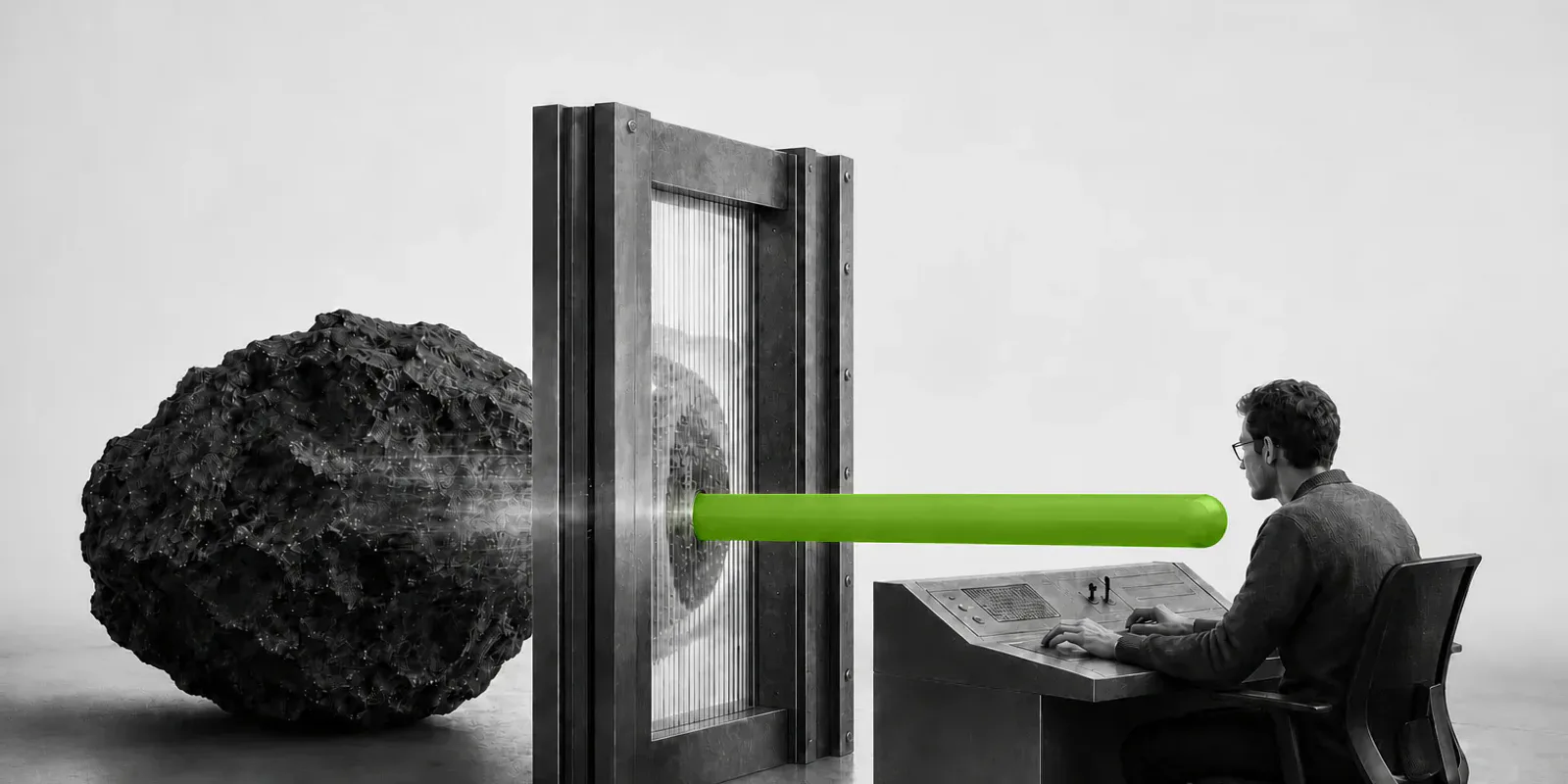 Un operador monocromo recibe un haz verde que atraviesa un portal metálico desde un núcleo mineral oscuro.