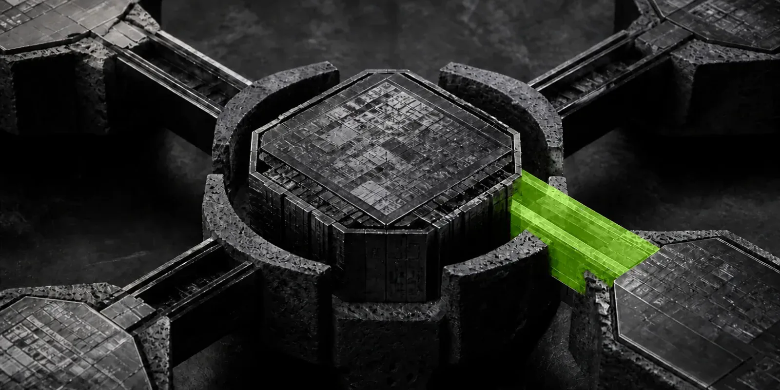 Un fortín circular de silicio se abre hacia cuatro bloques de chips, unido a uno de ellos por un puente verde.